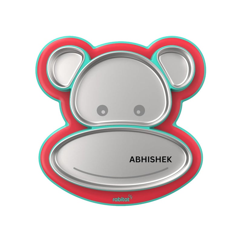 Rabitat Pogo Playte Personalized Anti Skid Stainless Steel Divided Plate Red - 2 Years Brand Warranty | Unbreakable 4 Sections Self Feeding Training Divider Plate for Baby/Toddlers and Kids - 360ml - Image 1