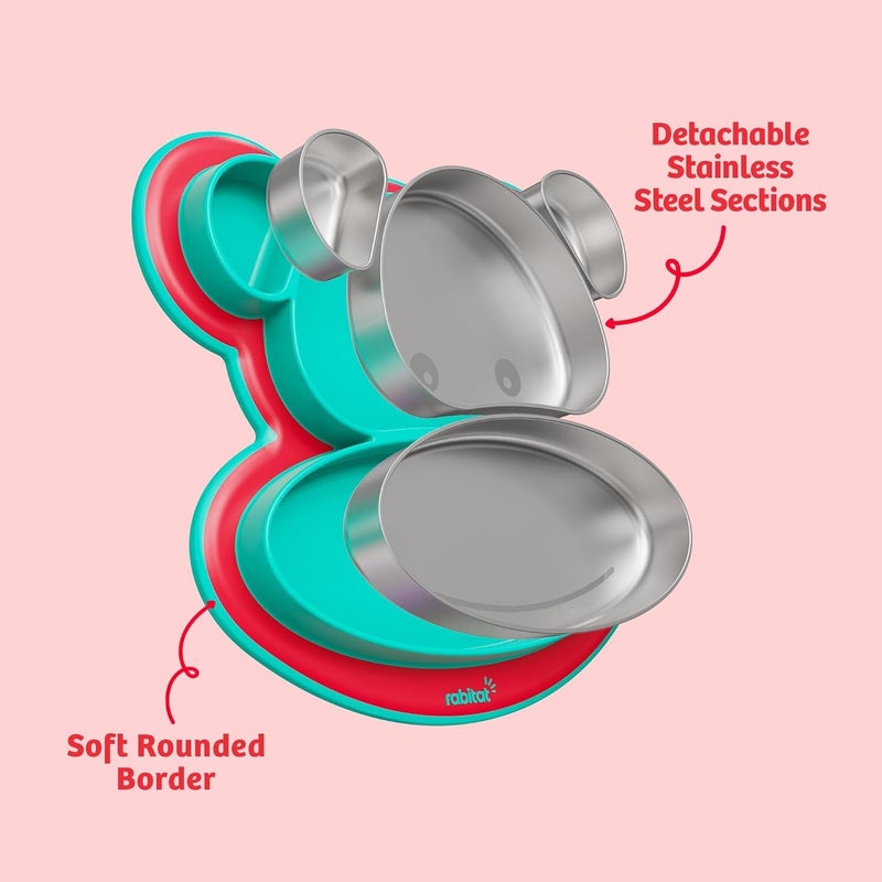 Rabitat Pogo Playte Personalized Anti Skid Stainless Steel Divided Plate Red - 2 Years Brand Warranty | Unbreakable 4 Sections Self Feeding Training Divider Plate for Baby/Toddlers and Kids - 360ml - Image 5