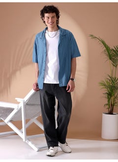 Beyoung Diva Blue Crochet Half-Sleeves Shirt for Men  - Image 1