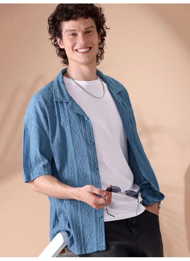 Beyoung Diva Blue Crochet Half-Sleeves Shirt for Men