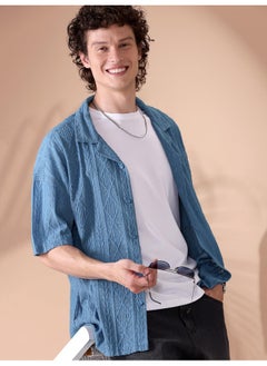Beyoung Diva Blue Crochet Half-Sleeves Shirt for Men  - Image 5
