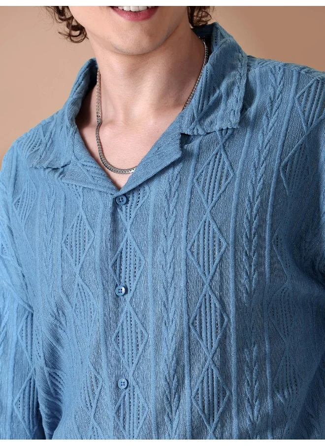 Beyoung Diva Blue Crochet Half-Sleeves Shirt for Men