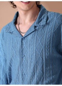 Beyoung Diva Blue Crochet Half-Sleeves Shirt for Men  - Image 3