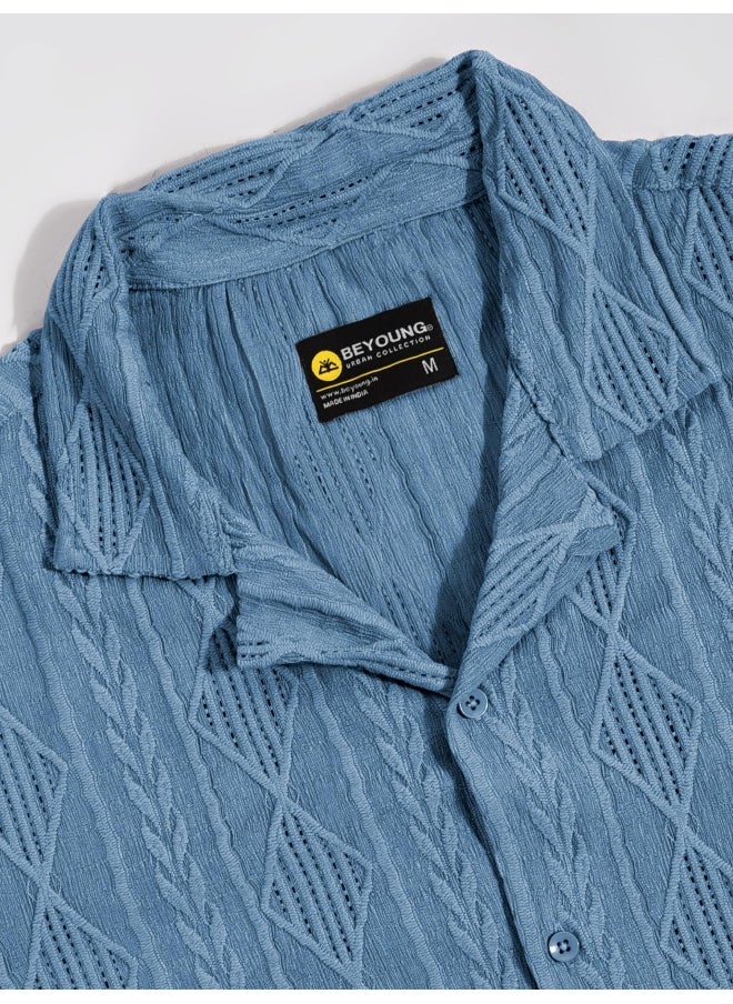 Beyoung Diva Blue Crochet Half-Sleeves Shirt for Men  - Image 2
