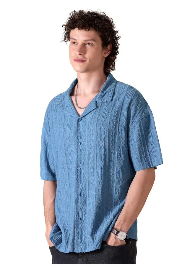Beyoung Diva Blue Crochet Half-Sleeves Shirt for Men