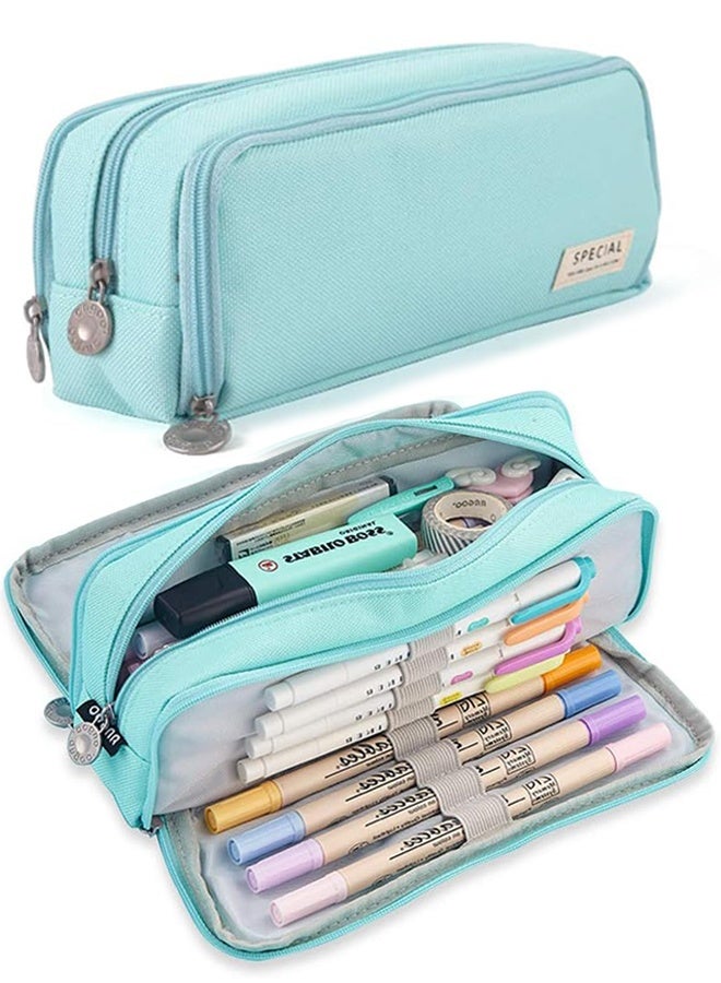 حقيبة أقلام رصاص كبيرة السعة بثلاث حجرات مناسبة للمراهقين في المدارس والفتيات والأولاد وحقيبة القرطاسية النسائية، حقيبة تخزين مريحة، حقيبة تخزين للسفر في الهواء الطلق - أزرق - Image 1