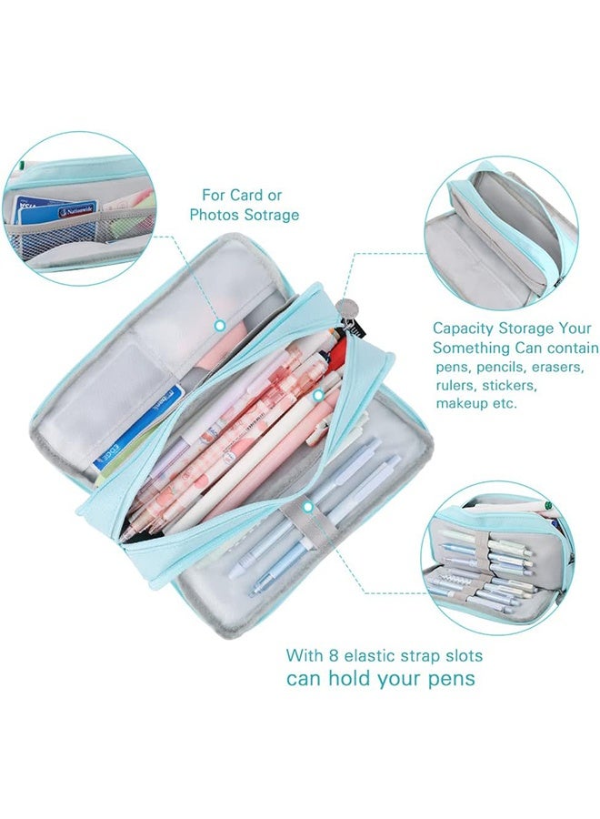حقيبة أقلام رصاص كبيرة السعة بثلاث حجرات مناسبة للمراهقين في المدارس والفتيات والأولاد وحقيبة القرطاسية النسائية، حقيبة تخزين مريحة، حقيبة تخزين للسفر في الهواء الطلق - أزرق - Image 2