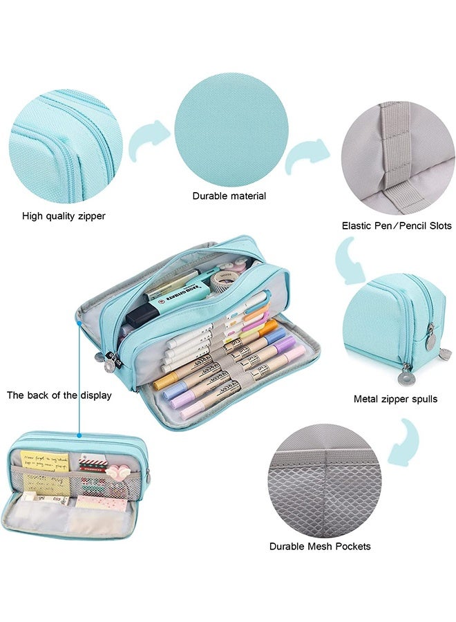حقيبة أقلام رصاص كبيرة السعة بثلاث حجرات مناسبة للمراهقين في المدارس والفتيات والأولاد وحقيبة القرطاسية النسائية، حقيبة تخزين مريحة، حقيبة تخزين للسفر في الهواء الطلق - أزرق - Image 3