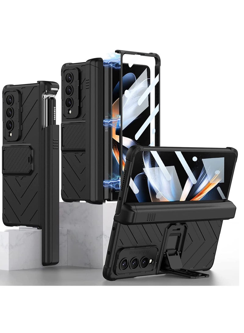 SOLARAE Compatible Samsung Galaxy Z Fold 4 Case with Pen Holder, Built-in Tempered Glass Screen Protector+Adjustable Kickstand All-Inclusive Magnetic Hinged Protector Case for Z Fold 4 2022(Black) - Image 1