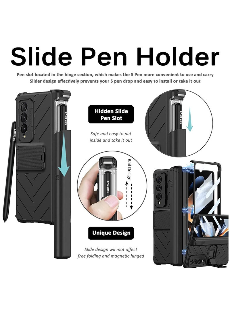 SOLARAE Compatible Samsung Galaxy Z Fold 4 Case with Pen Holder, Built-in Tempered Glass Screen Protector+Adjustable Kickstand All-Inclusive Magnetic Hinged Protector Case for Z Fold 4 2022(Black) - Image 4