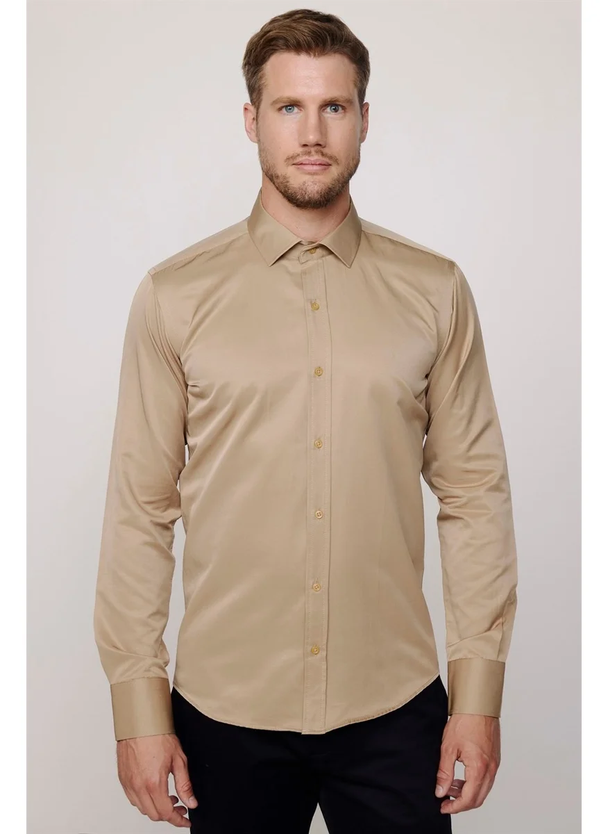 Tudors Modern Slim Fit Plain Satin Cotton Men's Cream Shirt