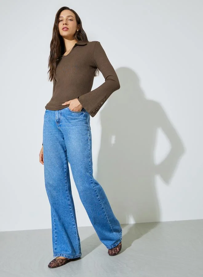 Styli Brown Button Details Flared Cuffs Ribbed Knit Polo Top