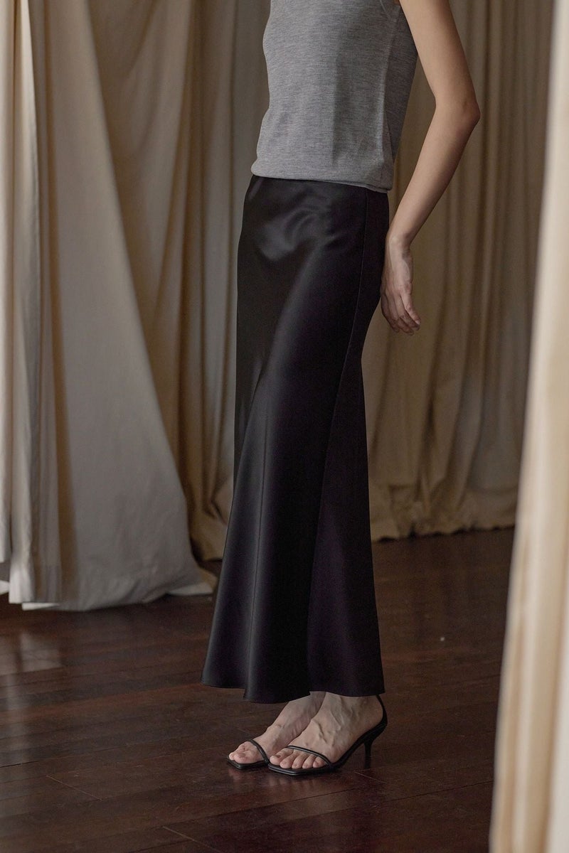 Women Triacetate Satin Midi Skirt, Solid Color 45° Diagonal Cut A-Line Long Skirt, Elegant Silky High Waist Flowy Casual Formal Skirt - Image 1