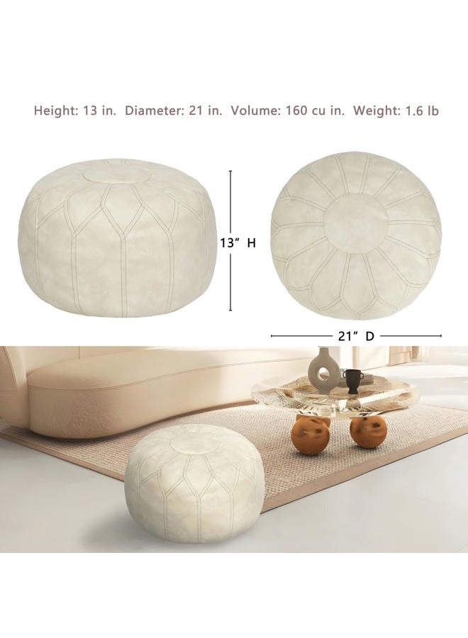 Thgonwid Unstuffed Moroccan Faux Leather Pouf Ottoman with Storage - Handmade Boho Chic Multi-Use Footrest for Living Room, Bedroom, Patio - Round Ethnic Floor Cushion & Decorative Accent, Ivory - Image 2