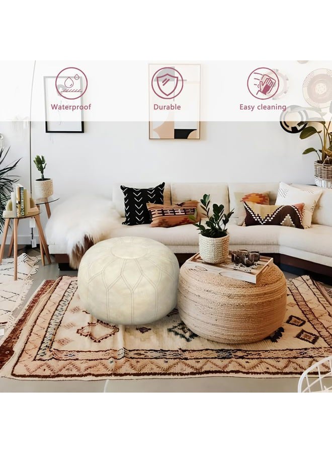 Thgonwid Unstuffed Moroccan Faux Leather Pouf Ottoman with Storage - Handmade Boho Chic Multi-Use Footrest for Living Room, Bedroom, Patio - Round Ethnic Floor Cushion & Decorative Accent, Ivory - Image 3