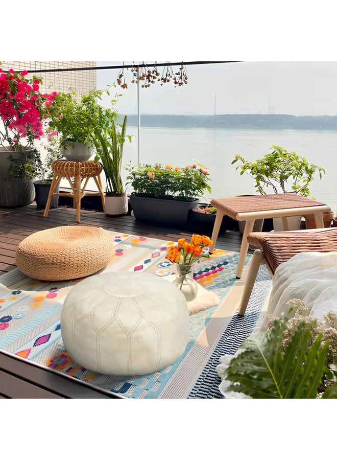 Thgonwid Unstuffed Moroccan Faux Leather Pouf Ottoman with Storage - Handmade Boho Chic Multi-Use Footrest for Living Room, Bedroom, Patio - Round Ethnic Floor Cushion & Decorative Accent, Ivory - Image 5