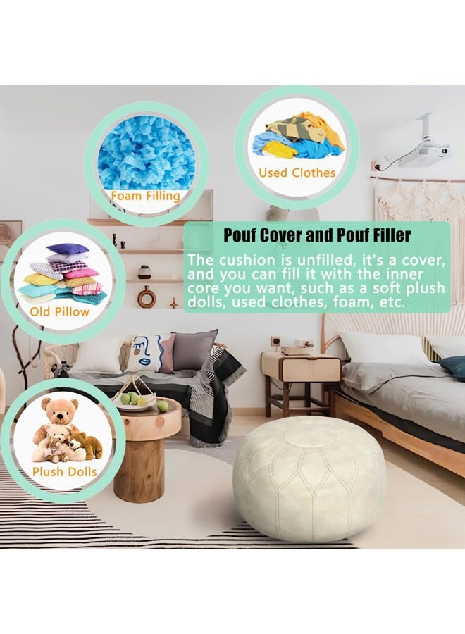 Thgonwid Unstuffed Moroccan Faux Leather Pouf Ottoman with Storage - Handmade Boho Chic Multi-Use Footrest for Living Room, Bedroom, Patio - Round Ethnic Floor Cushion & Decorative Accent, Ivory - Image 4
