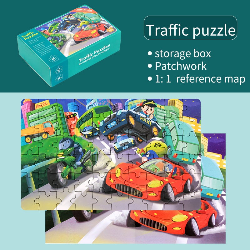 New 60-Piece Wooden Kidsren'S Educational Puzzle Toy Kindergarten Early Education Cartoon Animal Transportation Puzzle Set - Image 1