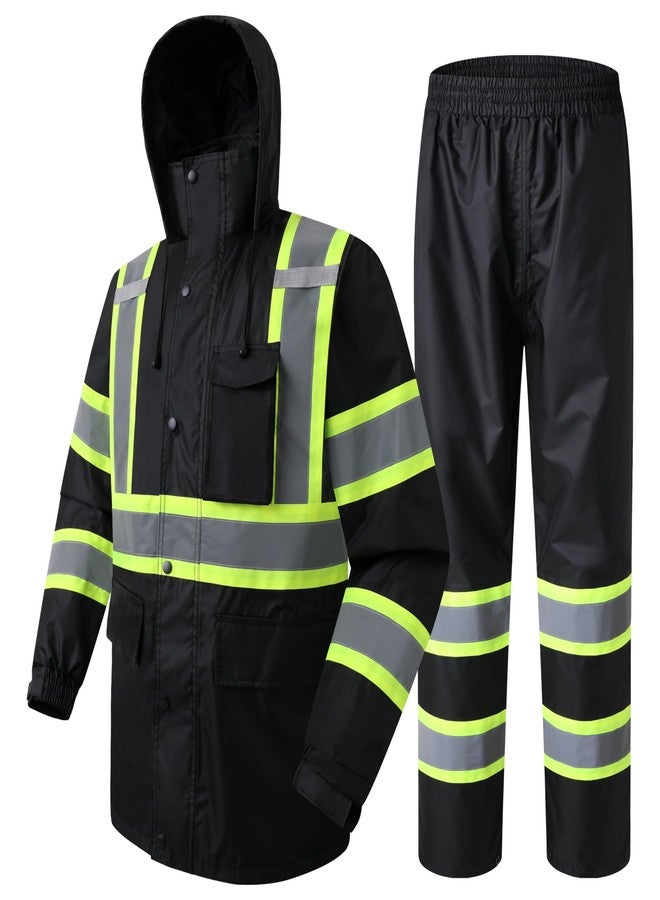 JKSafety طقم ملابس مطر عاكسة عالية الوضوح من JKSafety للرجال والنساء، مقاوم للماء، مناسب للعمل الزراعي والصيد، بدلة مطر عالية الوضوح مع بطانة شبكية داخلية وجيوب (117-أسود متوسط) - Image 1