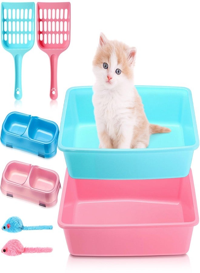 Beeveer 2 Set Kitten Litter Box, 2 Pcs Plastic Small Cat Litter Box Training Low Entry with 2 Scooper, 2 Cat Bowls and 2 Mouse Toy for Small Kitty Starter Kit, 14.5 x 10.6 Inch, Blue and Pink - Image 1