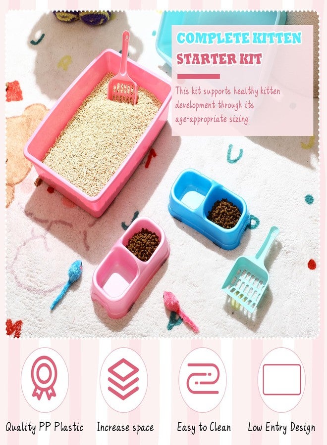 Beeveer 2 Set Kitten Litter Box, 2 Pcs Plastic Small Cat Litter Box Training Low Entry with 2 Scooper, 2 Cat Bowls and 2 Mouse Toy for Small Kitty Starter Kit, 14.5 x 10.6 Inch, Blue and Pink - Image 3