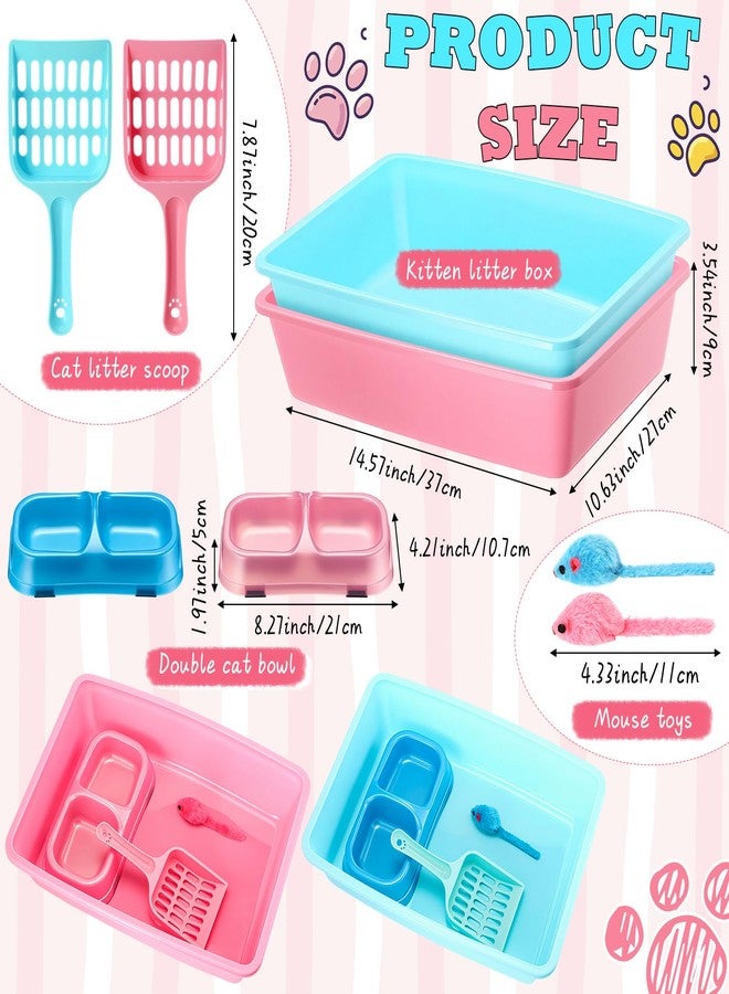Beeveer 2 Set Kitten Litter Box, 2 Pcs Plastic Small Cat Litter Box Training Low Entry with 2 Scooper, 2 Cat Bowls and 2 Mouse Toy for Small Kitty Starter Kit, 14.5 x 10.6 Inch, Blue and Pink - Image 2