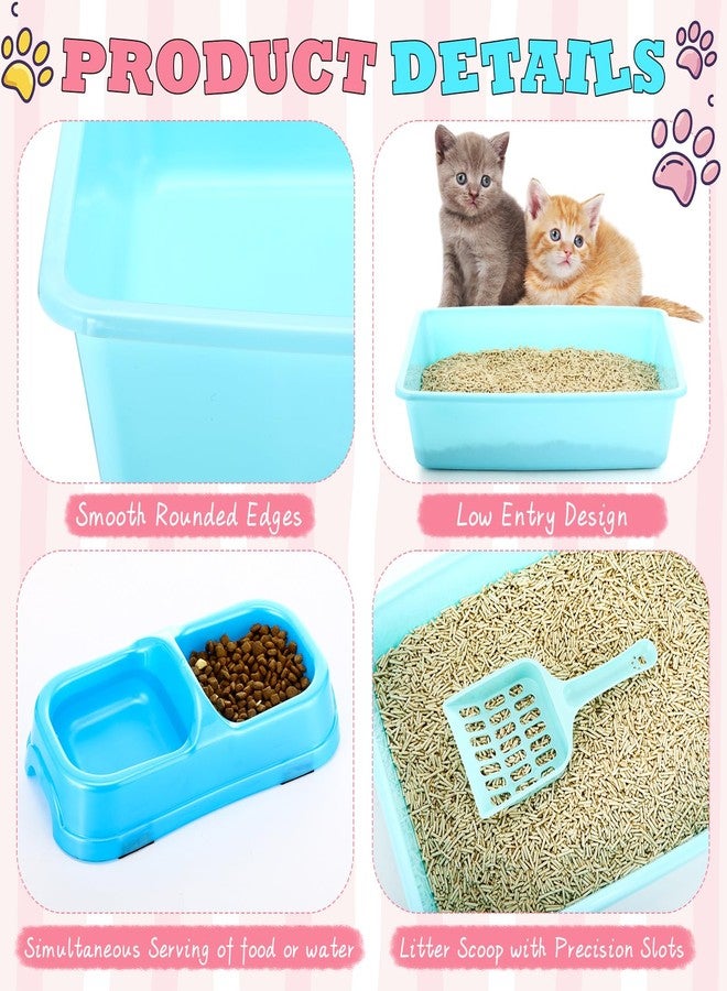 Beeveer 2 Set Kitten Litter Box, 2 Pcs Plastic Small Cat Litter Box Training Low Entry with 2 Scooper, 2 Cat Bowls and 2 Mouse Toy for Small Kitty Starter Kit, 14.5 x 10.6 Inch, Blue and Pink - Image 4