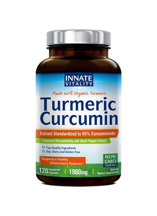 Innate Vitality Turmeric Curcumin with Black Pepper, 1960mg, Organic Turmeric Root and Extract, 95% Standardized Curcuminoids, Non-GMO, No Gluten No Dairy No Soy, Antioxidant & Joint Support, 120 Turmeric Capsules  - Image 1