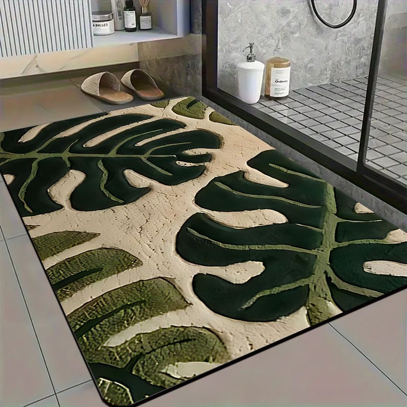 Non Slip Bathroom Mat Tropical Rainforest Leaf Pattern Green Soft Country Style Machine Washable Suitable For Shower Rooms Kitchens Doorways Ideal Housewarming Decoration Gift Velvet Texture For Adults - Image 1