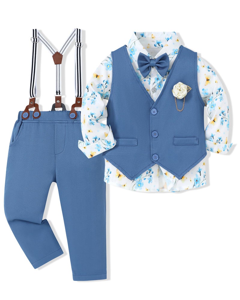 WESIDOM Toddler Dresses Suit Baby Boy Clothes Set Bowtie Shirts+Pants+Vest+Boutonniere Kids Gentleman Wedding Outfit(Blue+18-24Months) - Image 1
