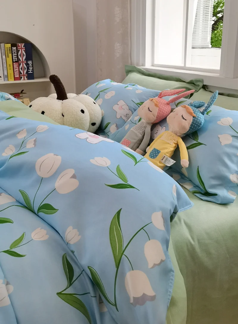 Sharpdo 4-Piece Bedding Set, Small Floral Style Quilt Cover Set, Including 1 Quilt Cover, 1 Sheet, 2 Pillowcases, 2m Bed (220*230cm)