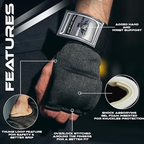 BEAST RAGE Inner Gloves with Hand Wraps Quick Wrap Long 36 Wrist Support MMA Muay Thai Bandages Punching Martial Arts Training Men Women Kickboxing Bandages Under Bag Gloves Black Rage XL Adult - Image 3