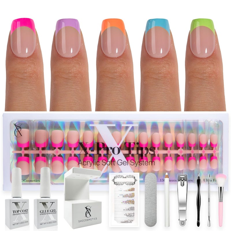 SXC Cosmetics X-Pro Tips French Tip Press On Nails - Bright Pastel Glow in the Dark Series (GLOW113KIT-XS Square) - Image 1