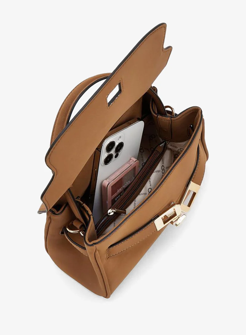 Celeste TAN Monogram Textured Satchel Bag With Tassel Charm for Women | Best Price UAE