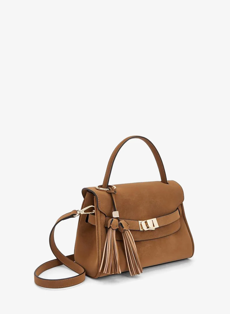 Celeste TAN Monogram Textured Satchel Bag With Tassel Charm for Women | Best Price UAE