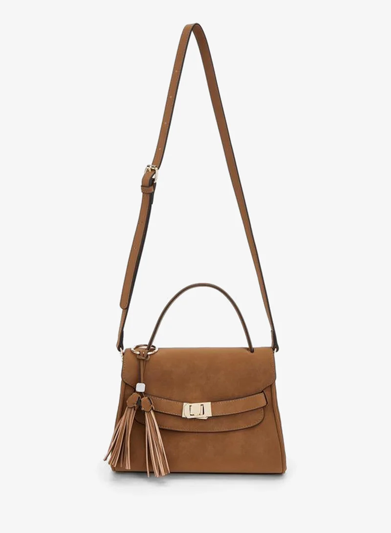 Celeste TAN Monogram Textured Satchel Bag With Tassel Charm for Women | Best Price UAE