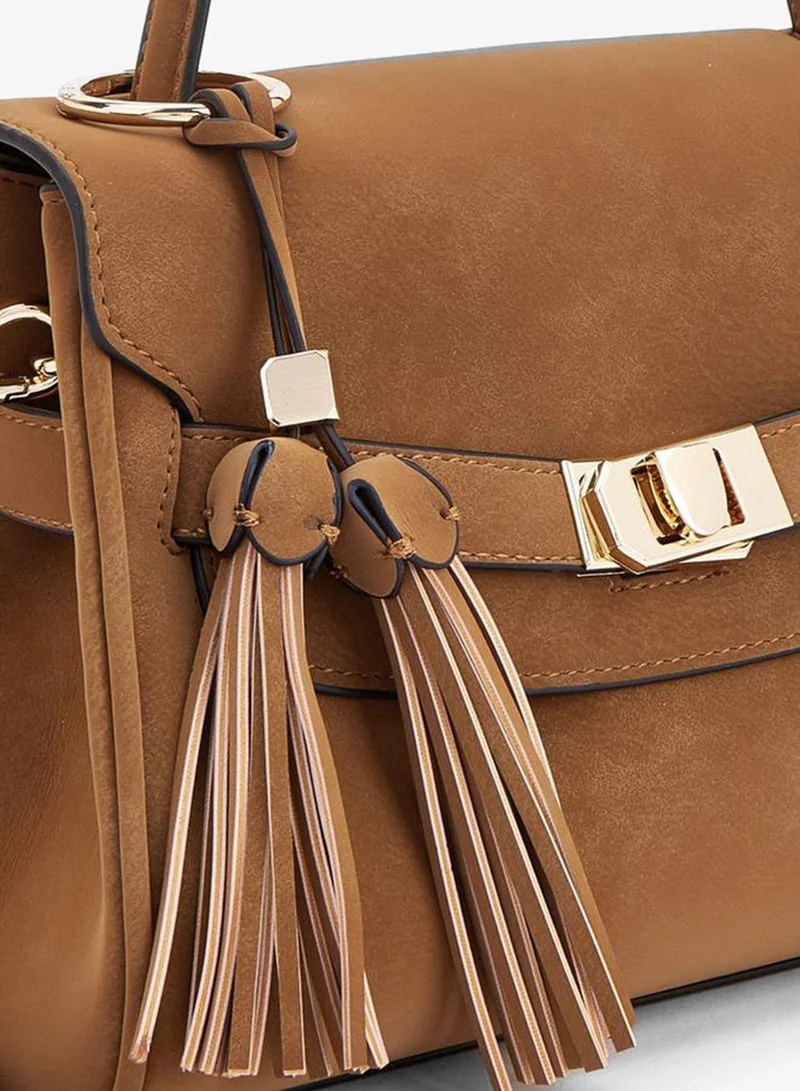Celeste TAN Monogram Textured Satchel Bag With Tassel Charm for Women | Best Price UAE