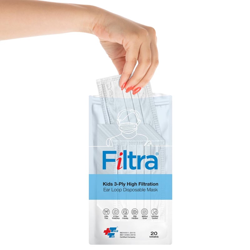 Filtra ® 3-Ply Ear Loop Kids Mask | Ages 3-18 | Kids Mask | Children's Mask | Ladies Mask | High Filtration | New extra tough courier packing | Travel Zip Lock Pouch of 20 Masks - Image 2