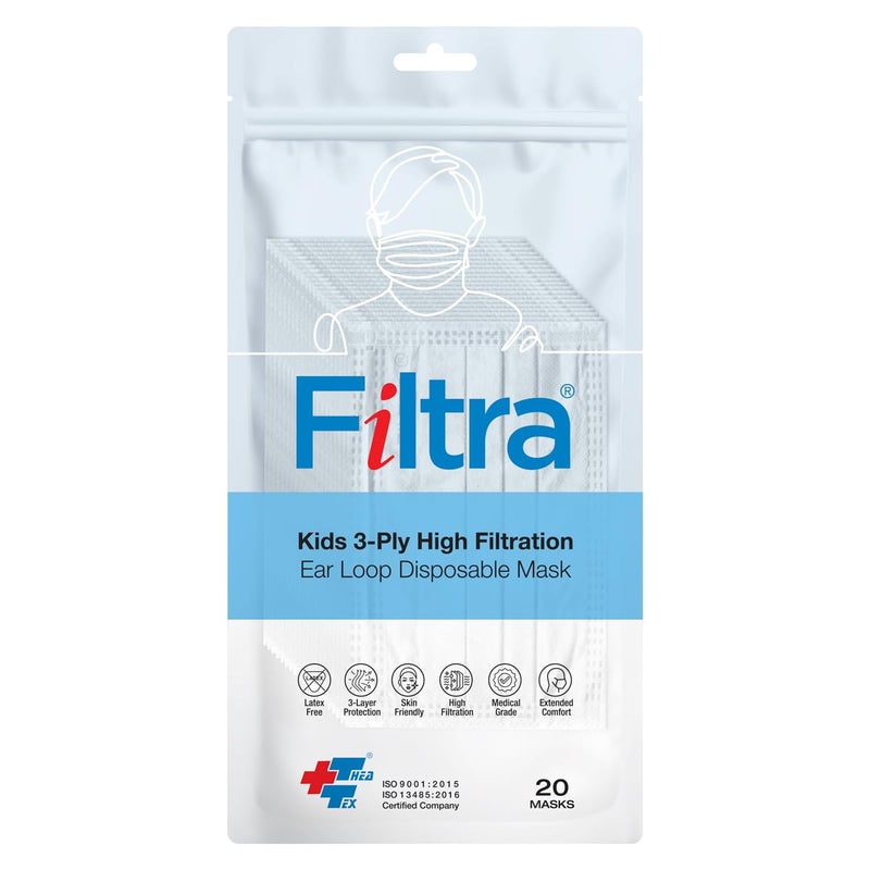 Filtra ® 3-Ply Ear Loop Kids Mask | Ages 3-18 | Kids Mask | Children's Mask | Ladies Mask | High Filtration | New extra tough courier packing | Travel Zip Lock Pouch of 20 Masks - Image 1