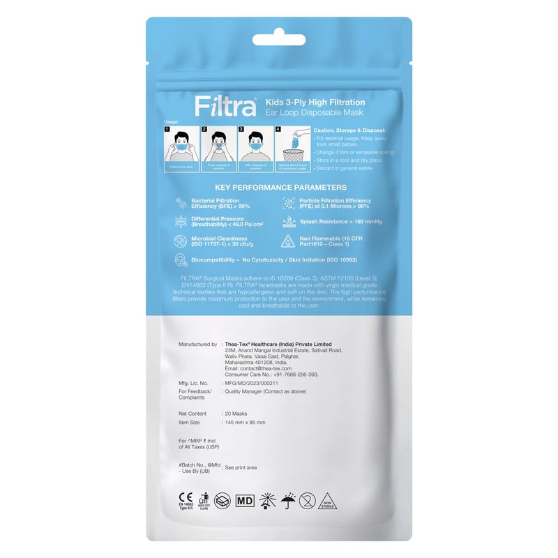 Filtra ® 3-Ply Ear Loop Kids Mask | Ages 3-18 | Kids Mask | Children's Mask | Ladies Mask | High Filtration | New extra tough courier packing | Travel Zip Lock Pouch of 20 Masks - Image 3