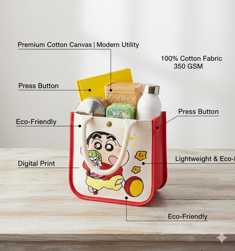 HOBBY INDIA Kids Lunch Bag | Cute & Stylish Mini Tiffin Bag for Boys & Girls | Cute Cotton Cartoon Design I Perfect For Picnic Tuition School, Preschool & Playschool (Shinchan) - Image 4