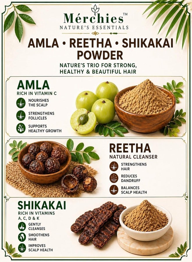 Merchies Amla Reetha Shikakai Combo Powder for Hair Growth – Ayurvedic Herbal Hair Cleanser, 100% Pure & Organic – Hair Fall Control & Scalp Care – 150g Each (Pack of 3, 450g) – Nature’s Essential - Image 5