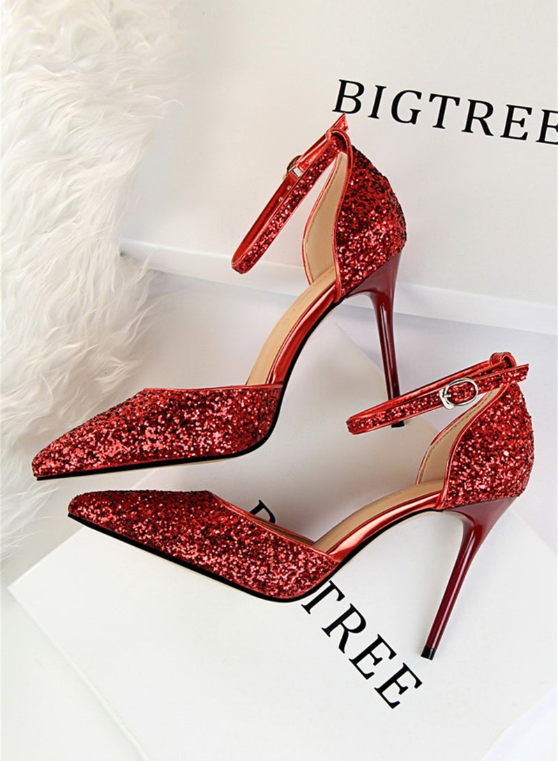 BIGTREE صنادل رقيقة كعب عالٍ بكعب بطول 9.5 سم أسلوب أوروبي بفم ضحل مدبب مزخرفة متصلة للنساء باللون الأحمر - Image 2