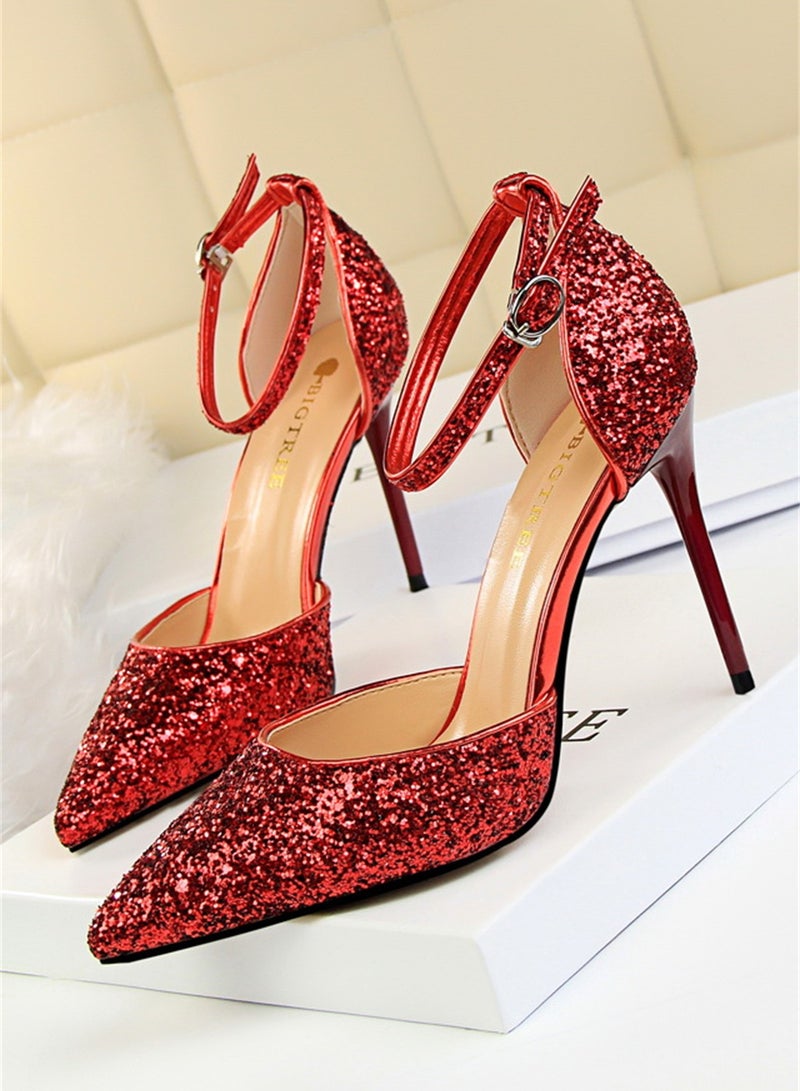 BIGTREE صنادل رقيقة كعب عالٍ بكعب بطول 9.5 سم أسلوب أوروبي بفم ضحل مدبب مزخرفة متصلة للنساء باللون الأحمر - Image 1