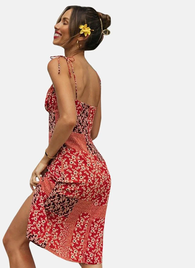 يونيكي Red Floral Printed Shoulder Straps A-Line Dress