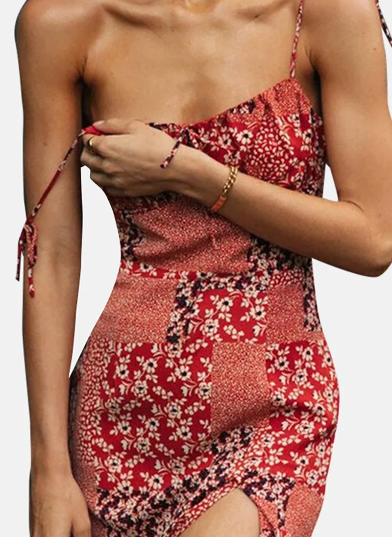 يونيكي Red Floral Printed Shoulder Straps A-Line Dress