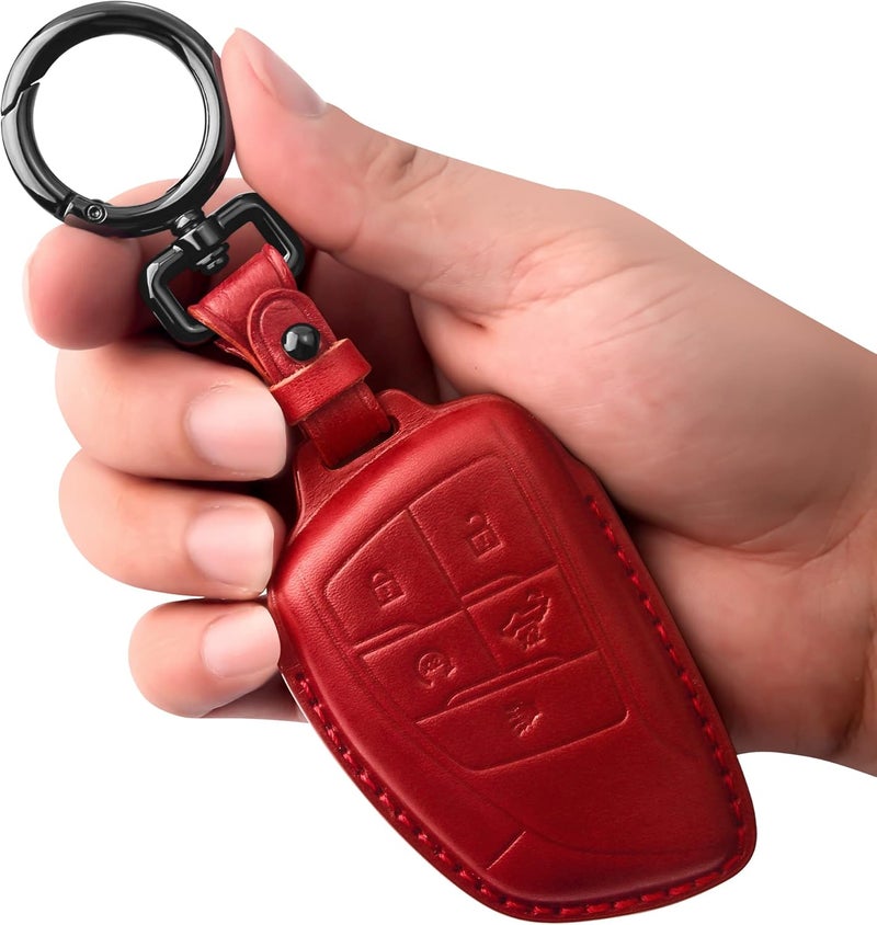Tukellen غطاء مفتاح من الجلد الطبيعي من Tukellen حامل مفتاح ذكي غلاف مناسب لسيارات Chevy Chevrolet Colorado وEquinox وSilverado وGMC Canyon وSierra وTerrain وYukon Denali وSuburban وTahoe وBuick من 2021 إلى 2026 - أحمر - Image 1