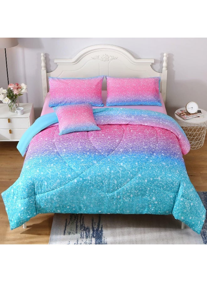 JQinHome Glitter Comforter Set Twin Size, 5 Piece Bed in A Bag 3D Colorful Duvet Pink Blue Bedding Sets for Girls Kids  - Image 1