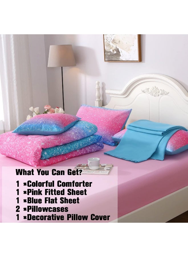 JQinHome Glitter Comforter Set Twin Size, 5 Piece Bed in A Bag 3D Colorful Duvet Pink Blue Bedding Sets for Girls Kids  - Image 5