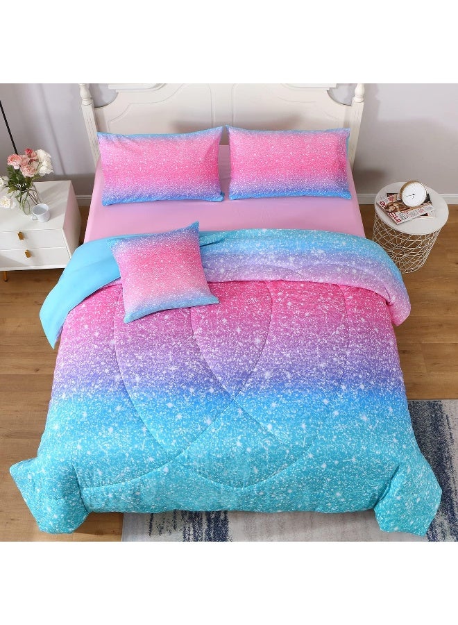 JQinHome Glitter Comforter Set Twin Size, 5 Piece Bed in A Bag 3D Colorful Duvet Pink Blue Bedding Sets for Girls Kids  - Image 2
